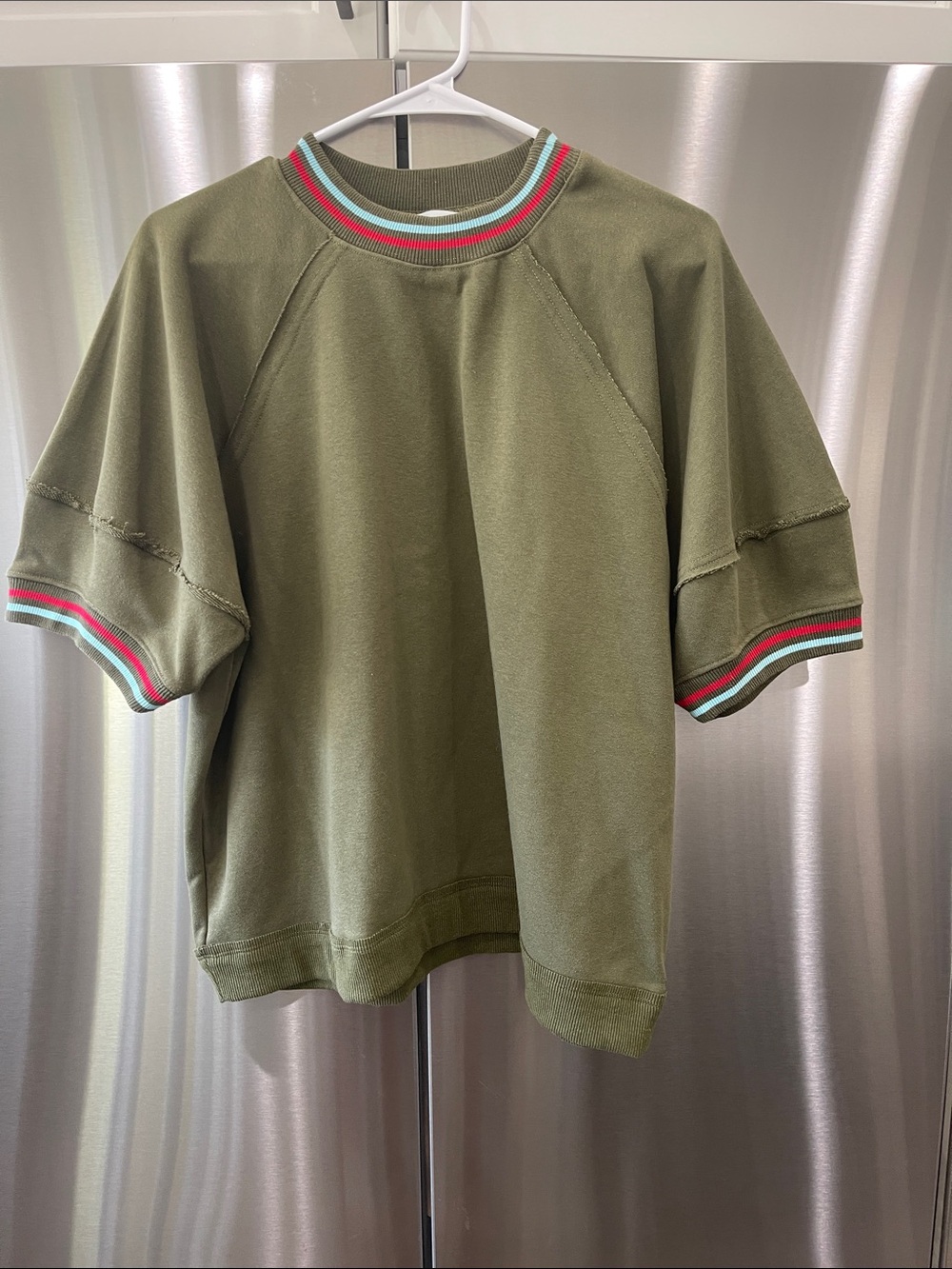 entro Olive Green Short Sleeve Sweatshirt with Red & Teal Stripe Trim